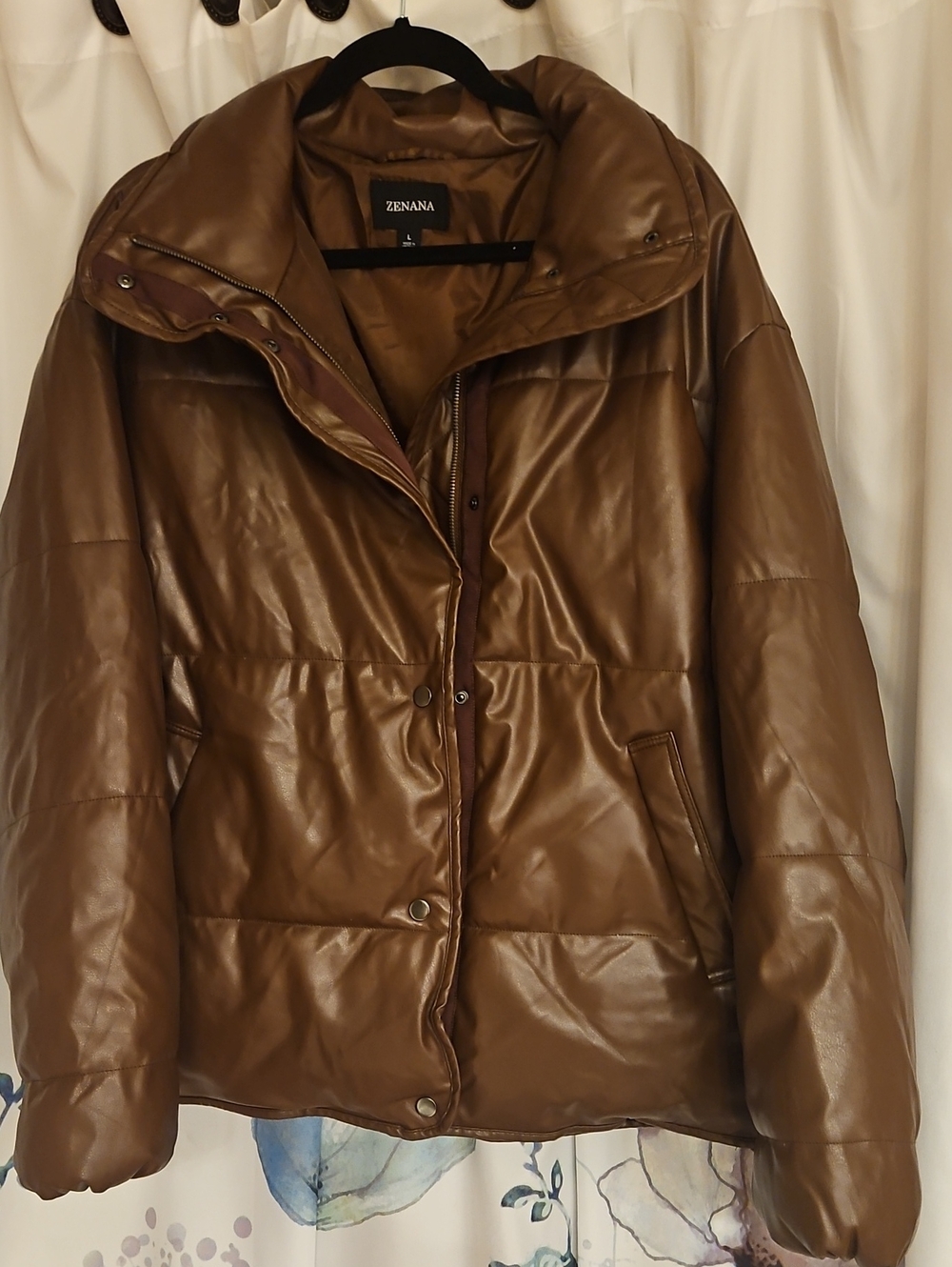 Zenana Outfitters Brown Faux Leather Puffer Jacket
